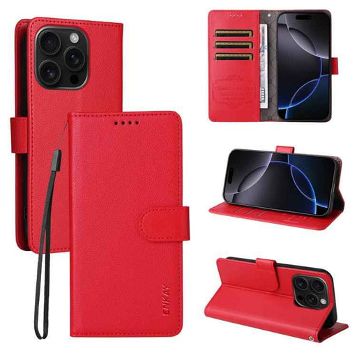 For iPhone 16 Pro ENKAY RFID Blocking Wallet Kickstand Litchi Texture Leather Phone Case(Red)