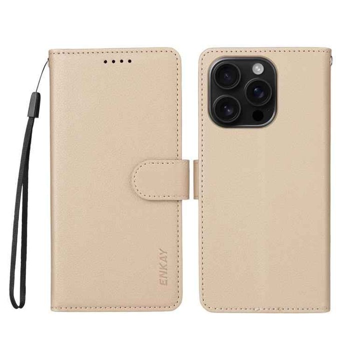 For iPhone 16 Pro ENKAY RFID Blocking Wallet Kickstand Litchi Texture Leather Phone Case(Beige)