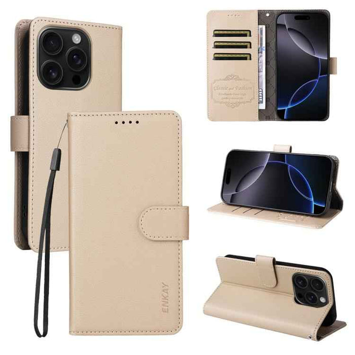 For iPhone 16 Pro ENKAY RFID Blocking Wallet Kickstand Litchi Texture Leather Phone Case(Beige)