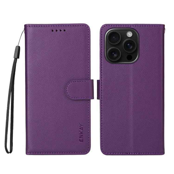 For iPhone 16 Pro ENKAY RFID Blocking Wallet Kickstand Litchi Texture Leather Phone Case(Purple)