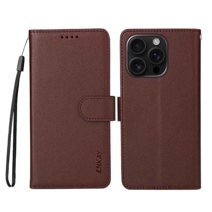 For iPhone 16 Pro ENKAY RFID Blocking Wallet Kickstand Litchi Texture Leather Phone Case(Brown)