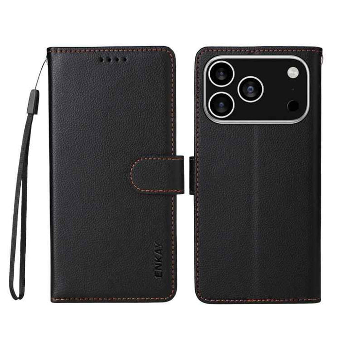 For iPhone 16e ENKAY RFID Blocking Wallet Kickstand Litchi Texture Leather Phone Case(Black)