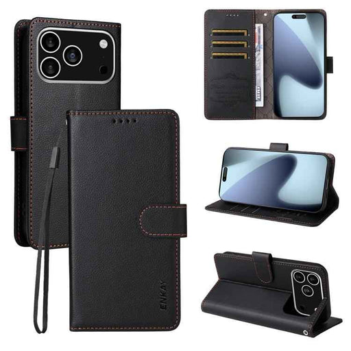 For iPhone 16e ENKAY RFID Blocking Wallet Kickstand Litchi Texture Leather Phone Case(Black)