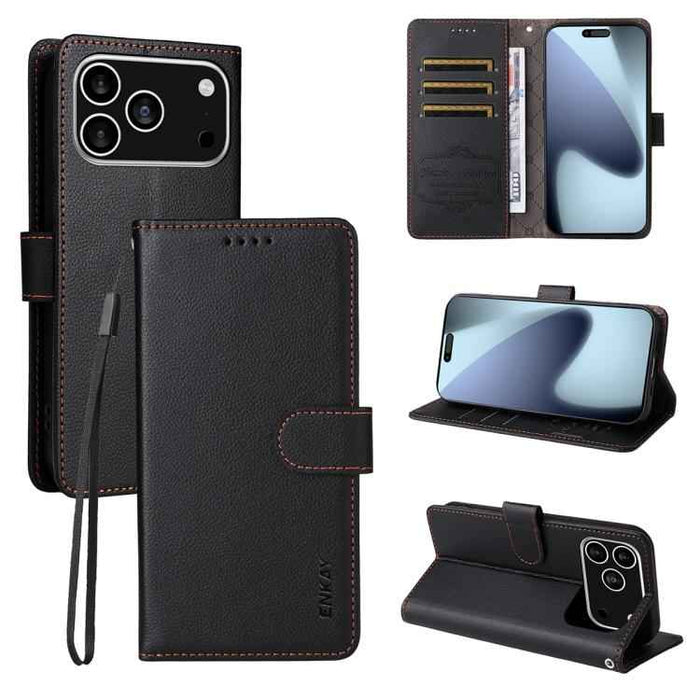 For iPhone 16e ENKAY RFID Blocking Wallet Kickstand Litchi Texture Leather Phone Case(Black)