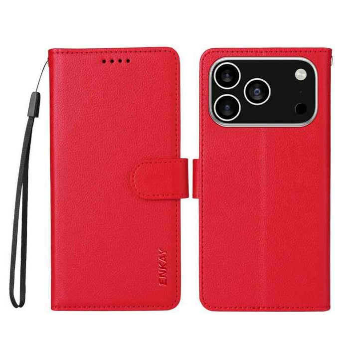For iPhone 16e ENKAY RFID Blocking Wallet Kickstand Litchi Texture Leather Phone Case(Red)