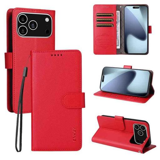 For iPhone 16e ENKAY RFID Blocking Wallet Kickstand Litchi Texture Leather Phone Case(Red)