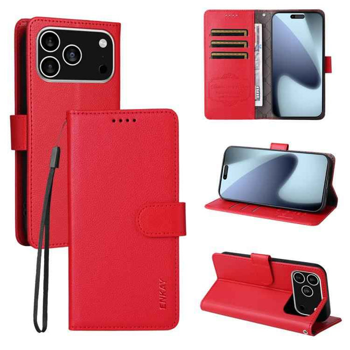 For iPhone 16e ENKAY RFID Blocking Wallet Kickstand Litchi Texture Leather Phone Case(Red)