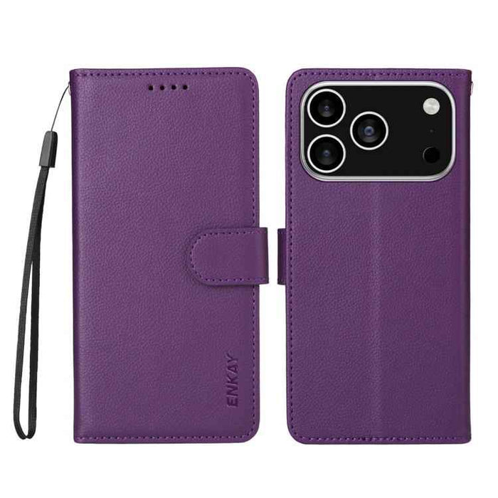 For iPhone 16e ENKAY RFID Blocking Wallet Kickstand Litchi Texture Leather Phone Case(Purple)