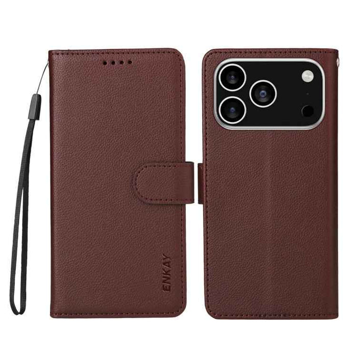 For iPhone 16e ENKAY RFID Blocking Wallet Kickstand Litchi Texture Leather Phone Case(Brown)