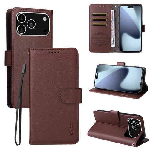 For iPhone 16e ENKAY RFID Blocking Wallet Kickstand Litchi Texture Leather Phone Case(Brown)