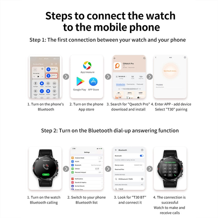 T30 1.6-inch Outdoor Sports Waterproof Smart Music Bluetooth Call Watch, Black, Dark Green, Black Steel+Silicone, Black Net+Silicone